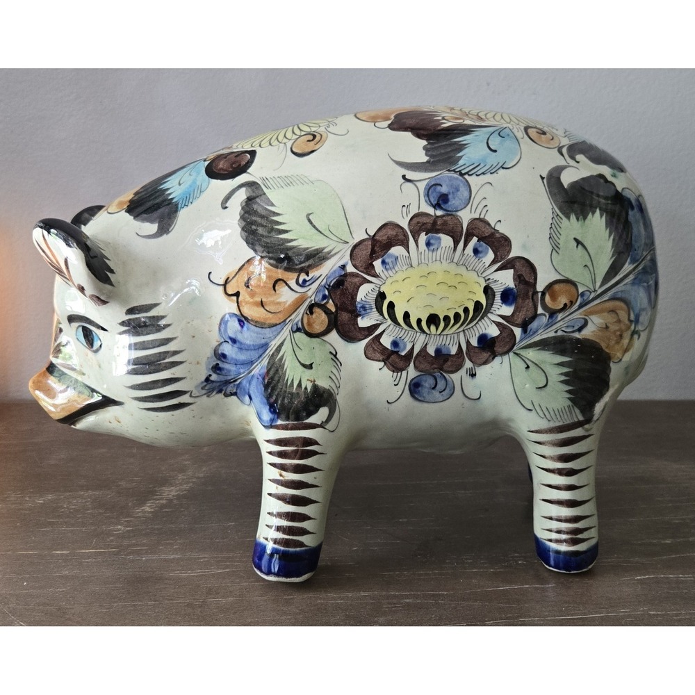 rare large ceramic pig Mexican Mexico‎ Tonala handprinted pottery Pig sculpture